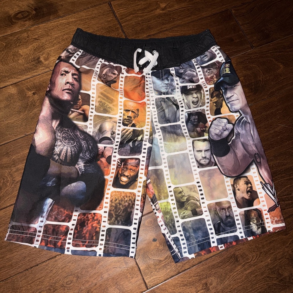 Vtg 2014 WWE Board Shorts Kids Youth M Drawstring Retro The Rock John Cena NWT